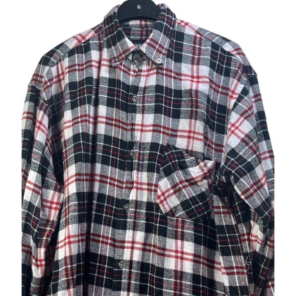 Key Flannel Long Sleeve Button Up Shirt Red Black‎ White Plaid farmcore  outddor